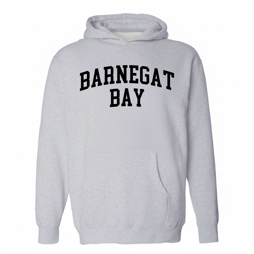 Heather-gray hoodie with the Barnegat Bay varsity arched lettering design on the chest.