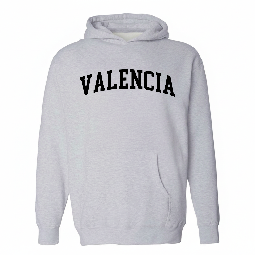 Heather-gray hoodie with the Valencia arched lettering varsity-collegiate design on the chest.