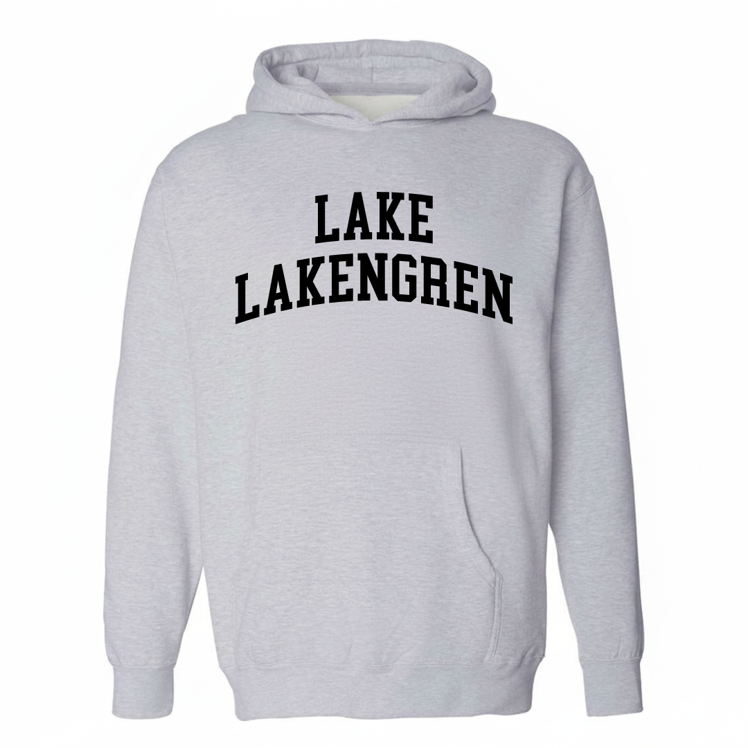 Heather-gray hoodie with the Lake Lakengren varsity arched lettering design on the chest.