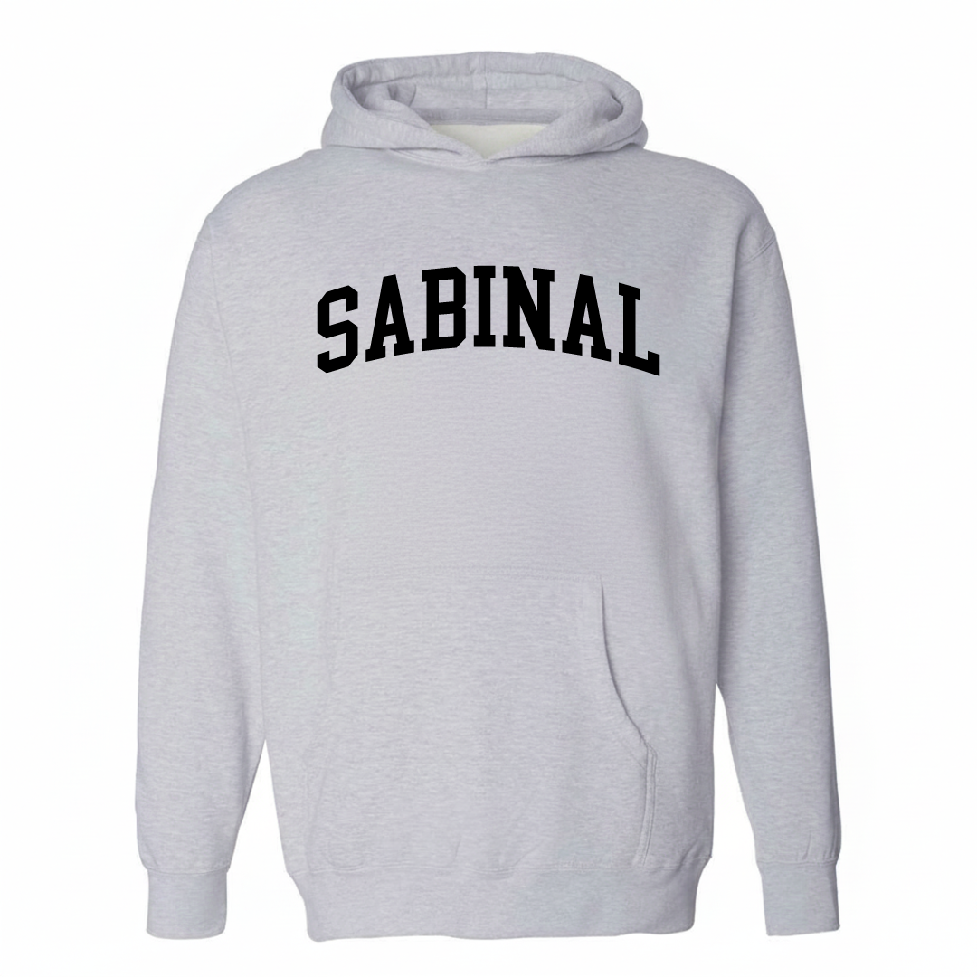 Heather-gray hoodie with the Sabinal varsity arched lettering design on the chest.