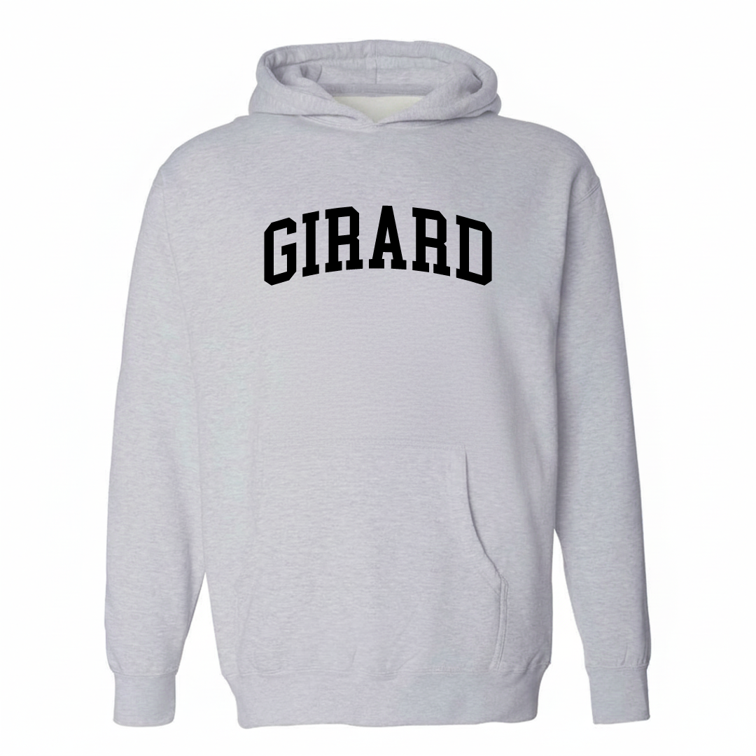 Heather-gray hoodie with the Girard varsity arched lettering design on the chest.