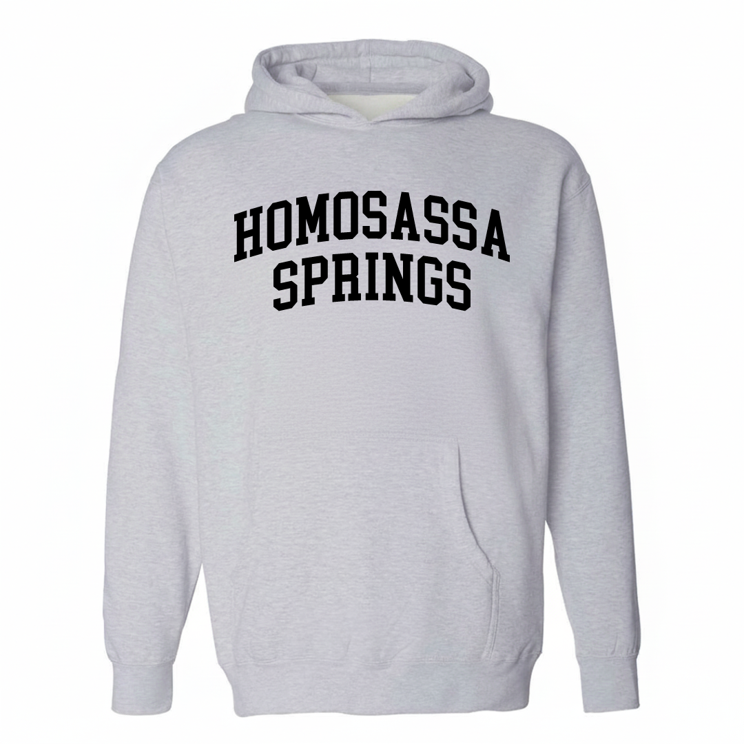Heather-gray hoodie with the Homosassa Springs varsity arched lettering design on the chest.