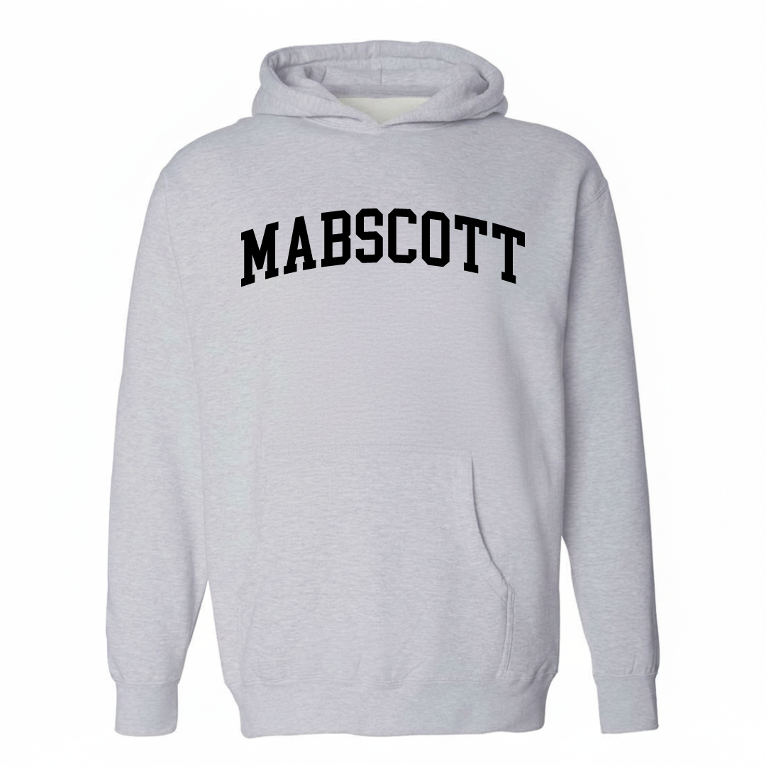 Heather-gray hoodie with the Mabscott varsity arched lettering design on the chest.
