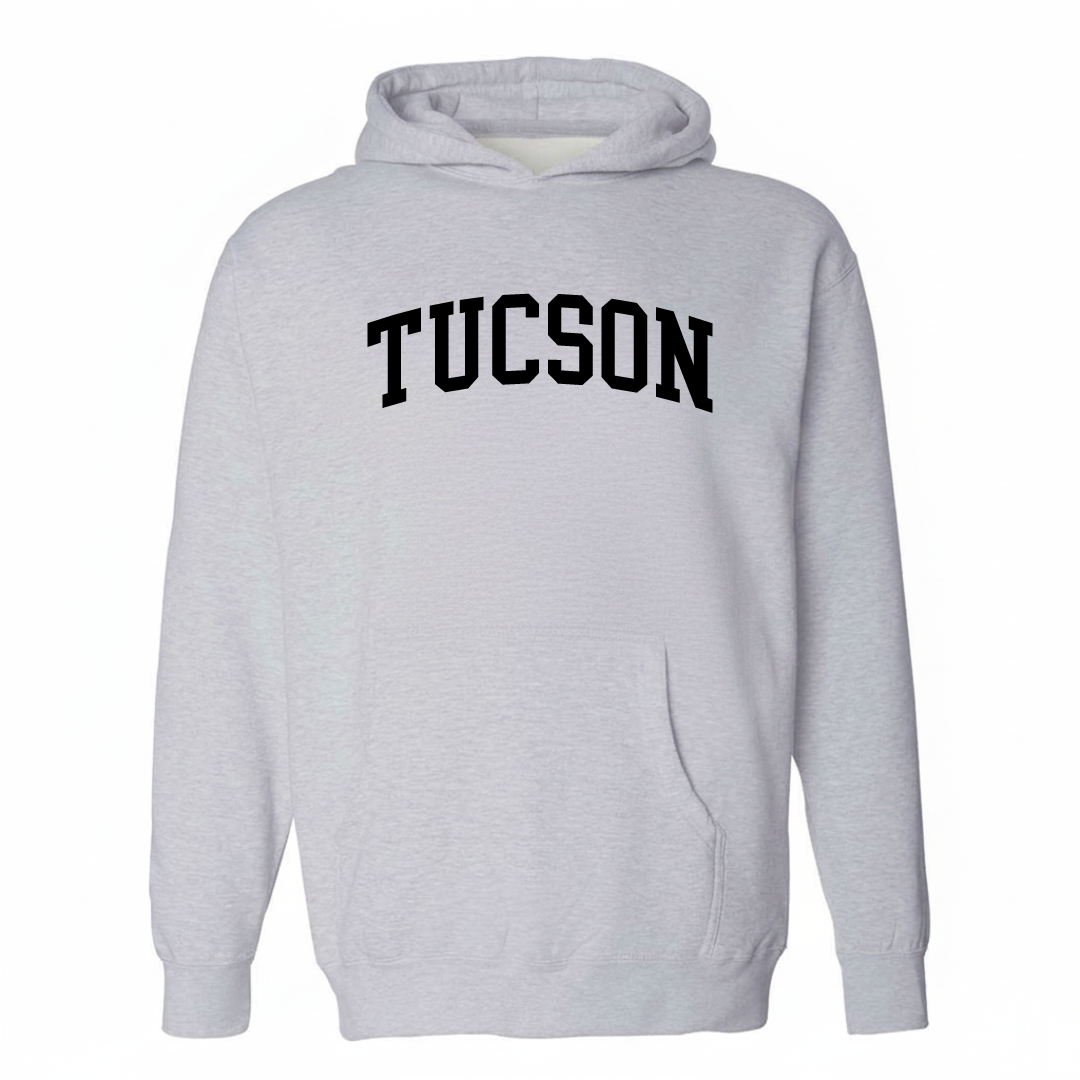Heather-gray hoodie with the Tucson varsity arched lettering design on the chest.