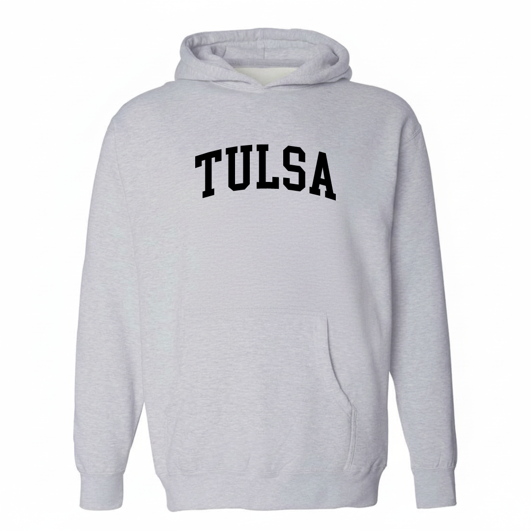 Heather-gray hoodie with the Tulsa varsity arched lettering design on the chest.