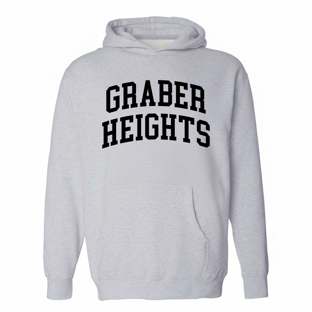 Heather-gray hoodie with the Graber Heights varsity arched lettering design on the chest.