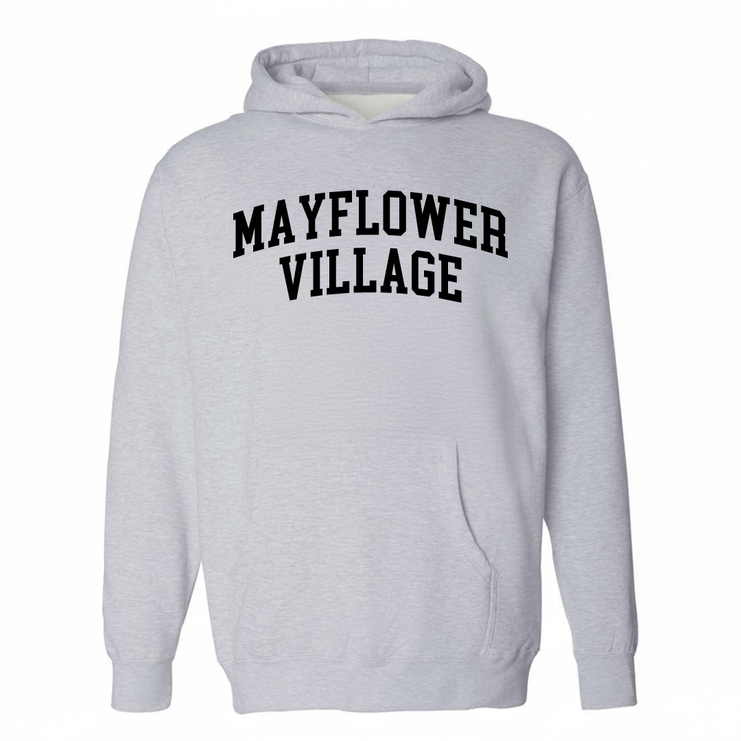 Heather-gray hoodie with the Mayflower Village varsity arched lettering design on the chest.