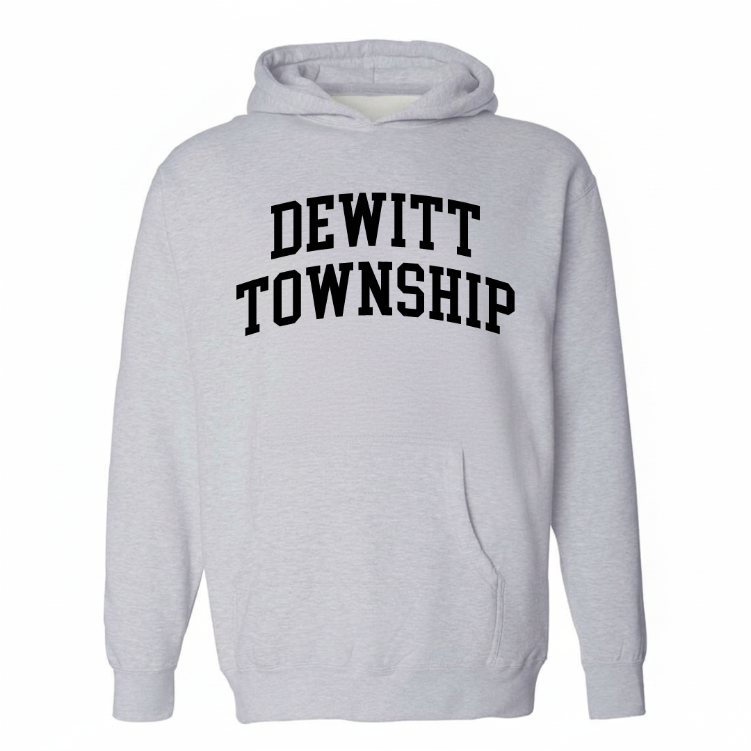 Heather-gray hoodie with the DeWitt Township varsity arched lettering design on the chest.