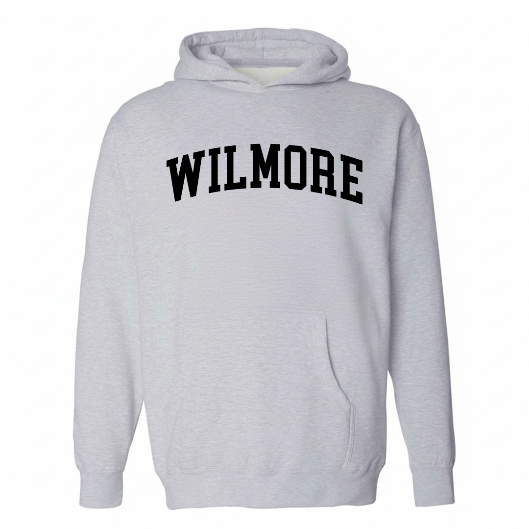 Heather-gray hoodie with the Wilmore varsity arched lettering design on the chest.