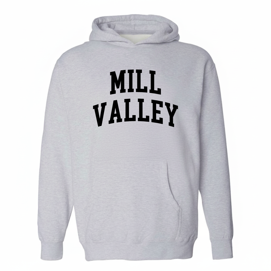 Heather-gray hoodie with the Mill Valley varsity arched lettering design on the chest.