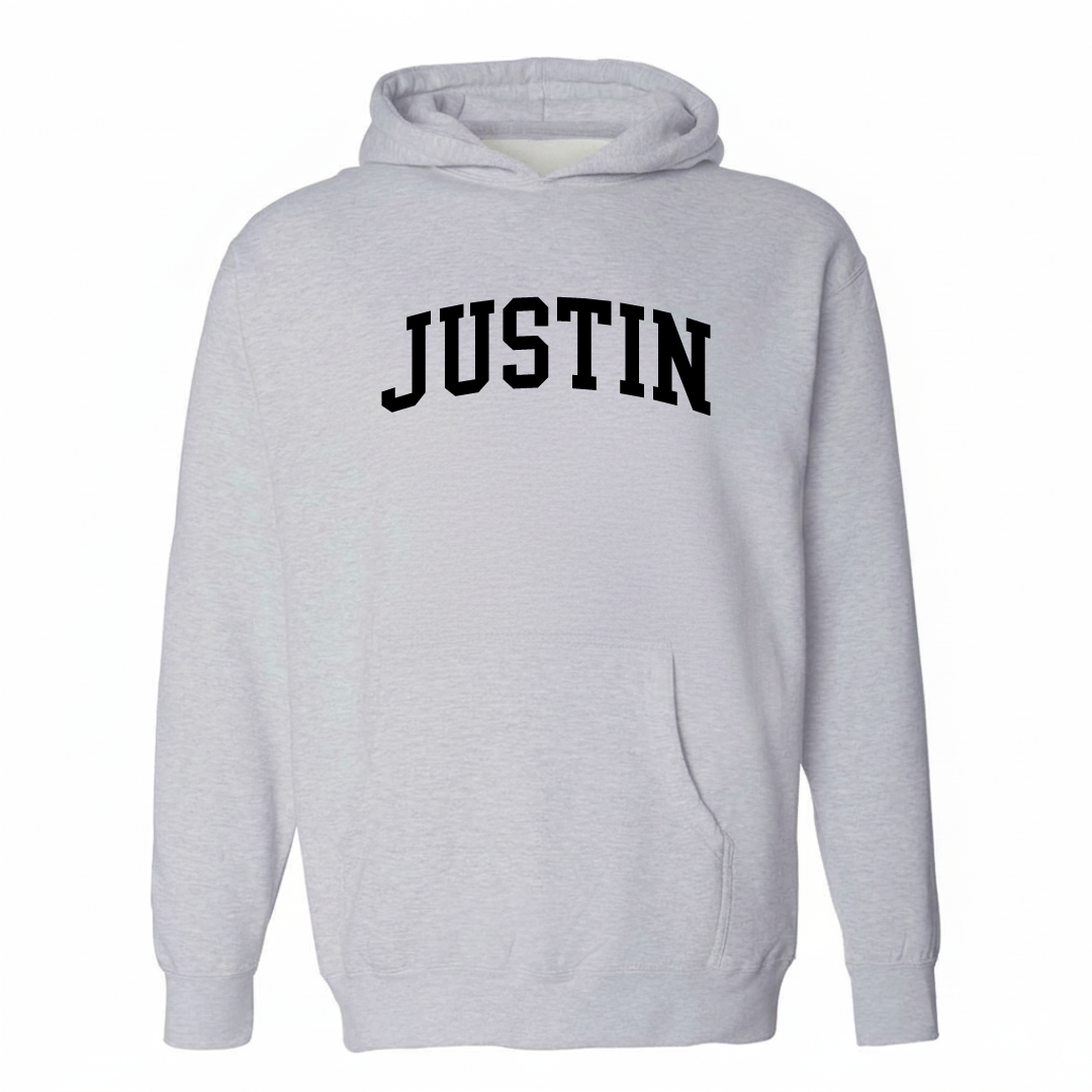 Heather-gray hoodie with the Justin, TX varsity arched lettering design on the chest.