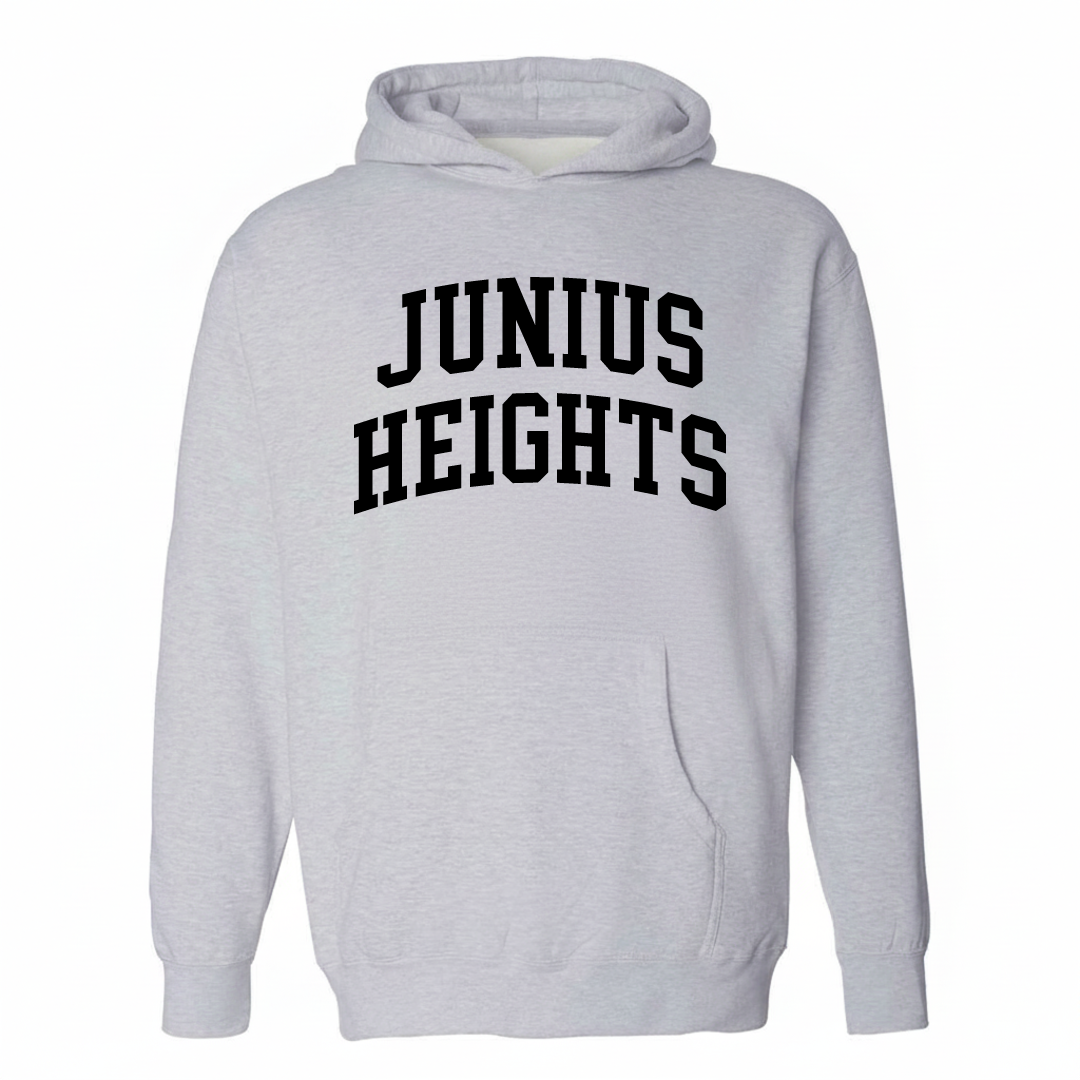 Heather-gray hoodie with the Junius Heights varsity arched lettering design on the chest.
