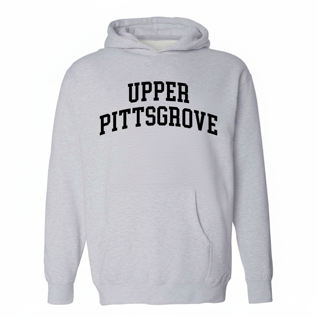 Heather-gray hoodie with the Upper Pittsgrove varsity arched lettering design on the chest.