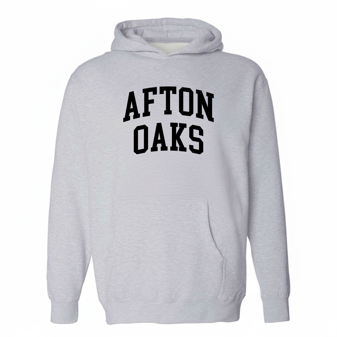 Heather-gray hoodie with the Afton Oaks arched varsity lettering design on the chest.