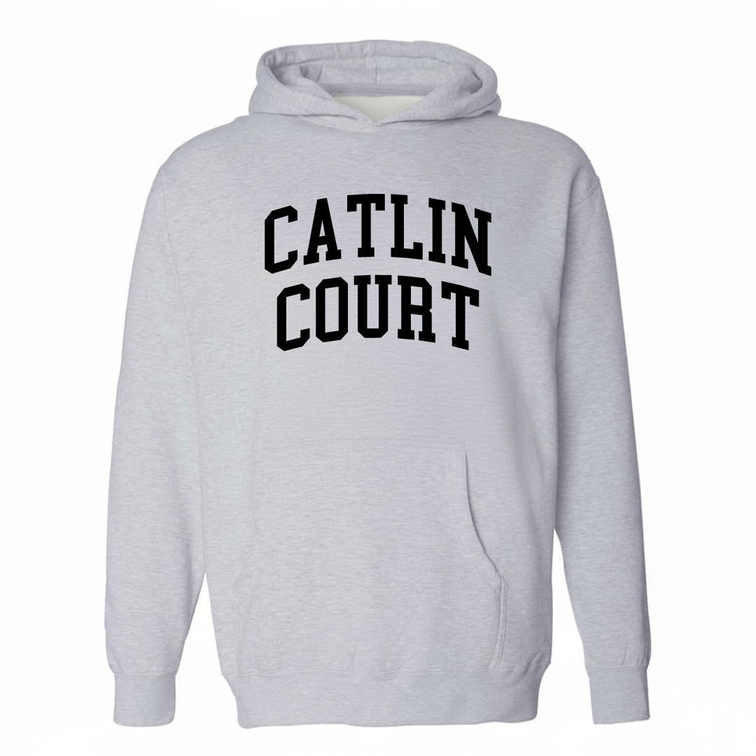 Heather-gray hoodie with the Catlin Court varsity arched lettering design on the chest.