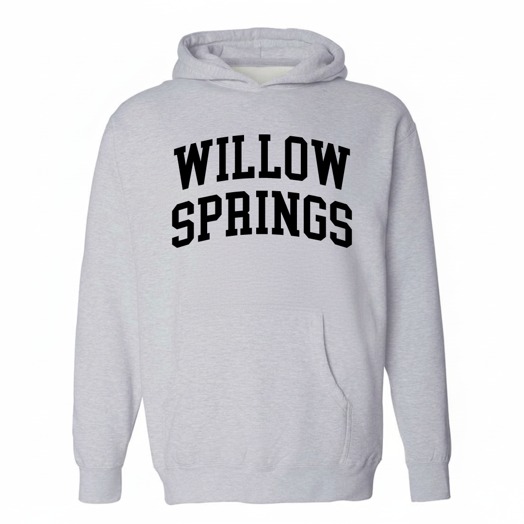 Heather-gray hoodie with the Willow Springs varsity arched lettering design on the chest.