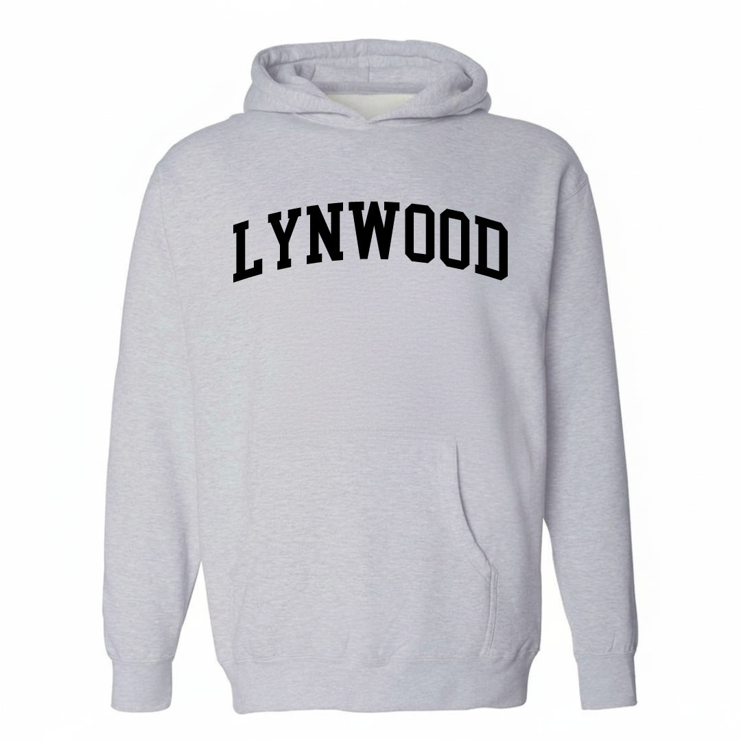 Heather-gray hoodie with the Lynwood arched lettering varsity-collegiate design on the chest.