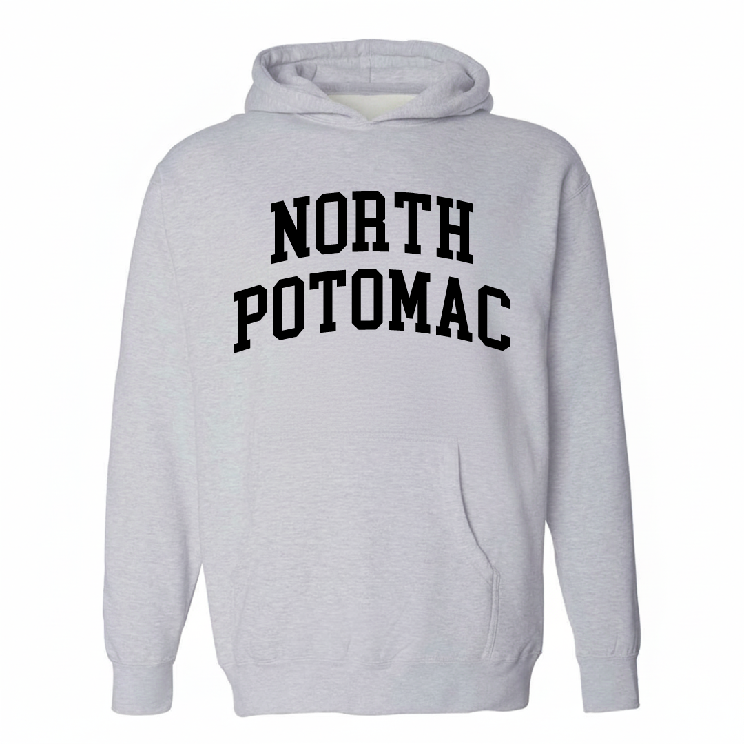 Heather-gray hoodie with the North Potomac varsity arched lettering design on the chest.