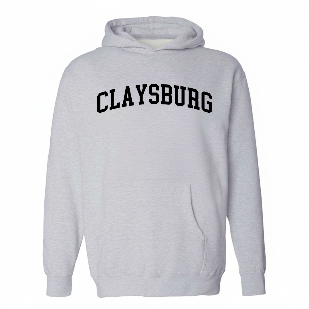 Heather-gray hoodie with the Claysburg varsity arched lettering design on the chest.