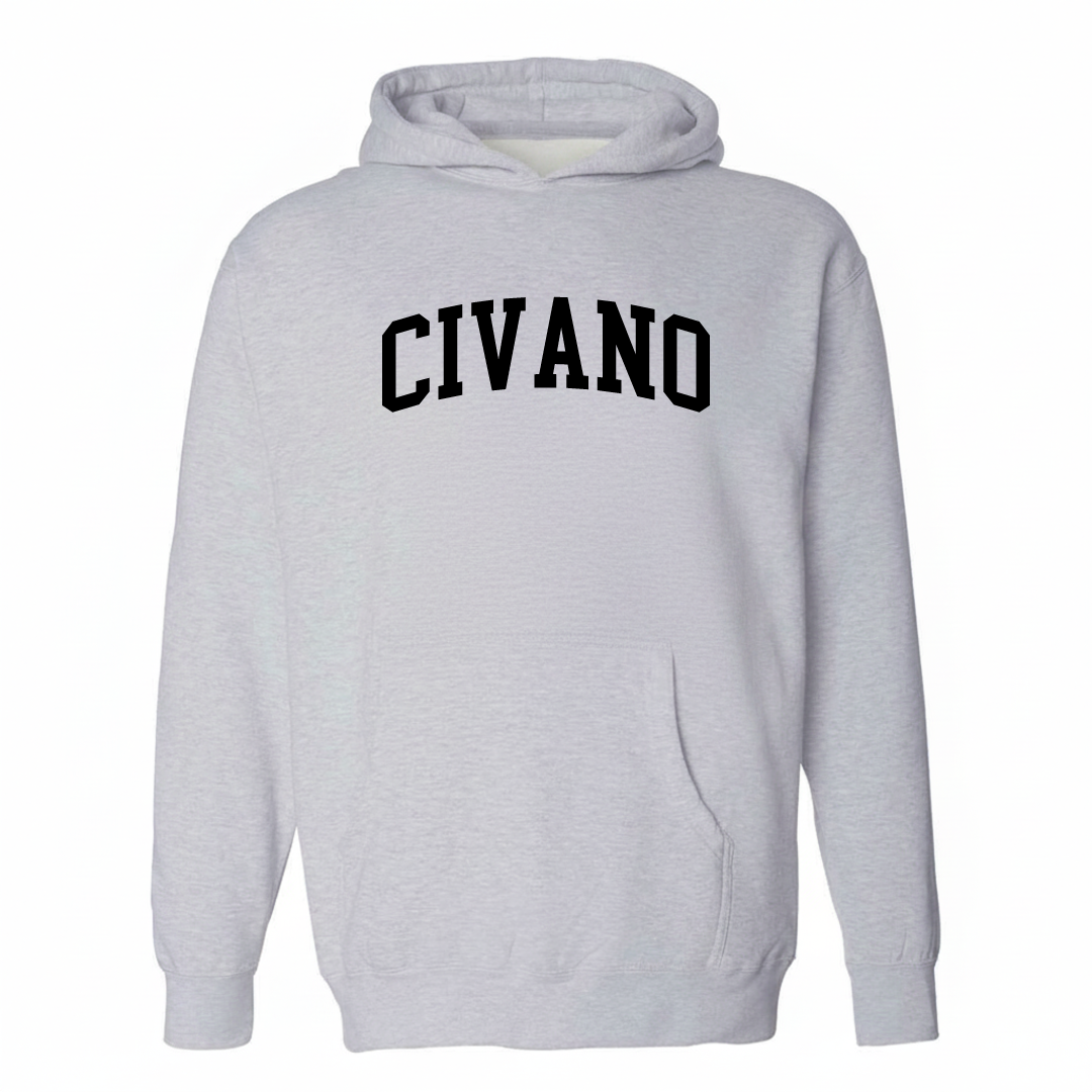 Heather-gray hoodie with the Civano varsity arched lettering design on the chest.