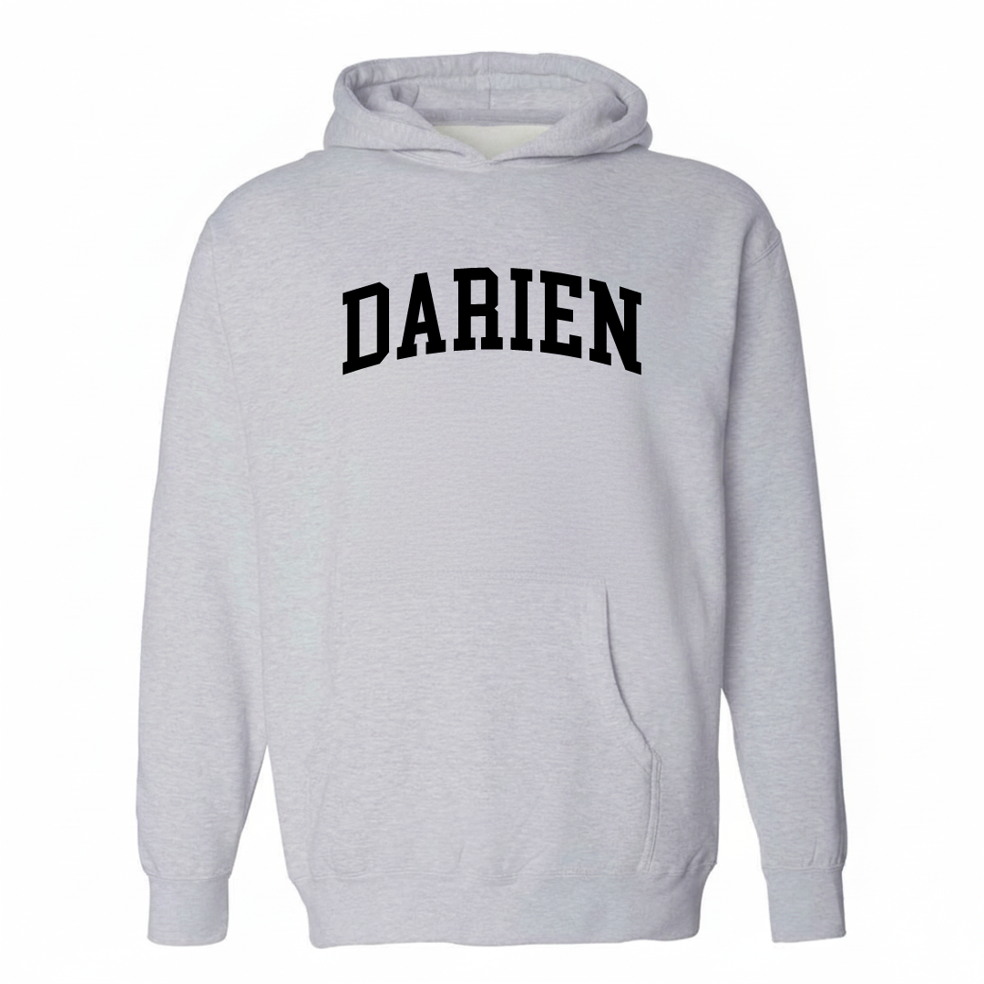 Heather-gray hoodie with the Darien arched varsity lettering design on the chest.