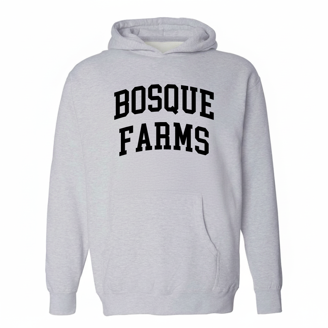 Heather-gray hoodie with the Bosque Farms arched lettering design on the chest.