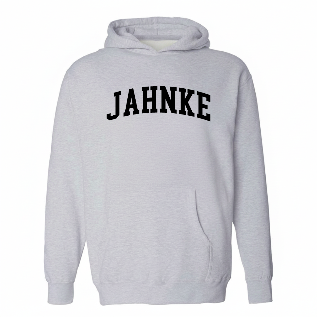 Heather-gray hoodie with the Jahnke varsity arched lettering design on the chest.