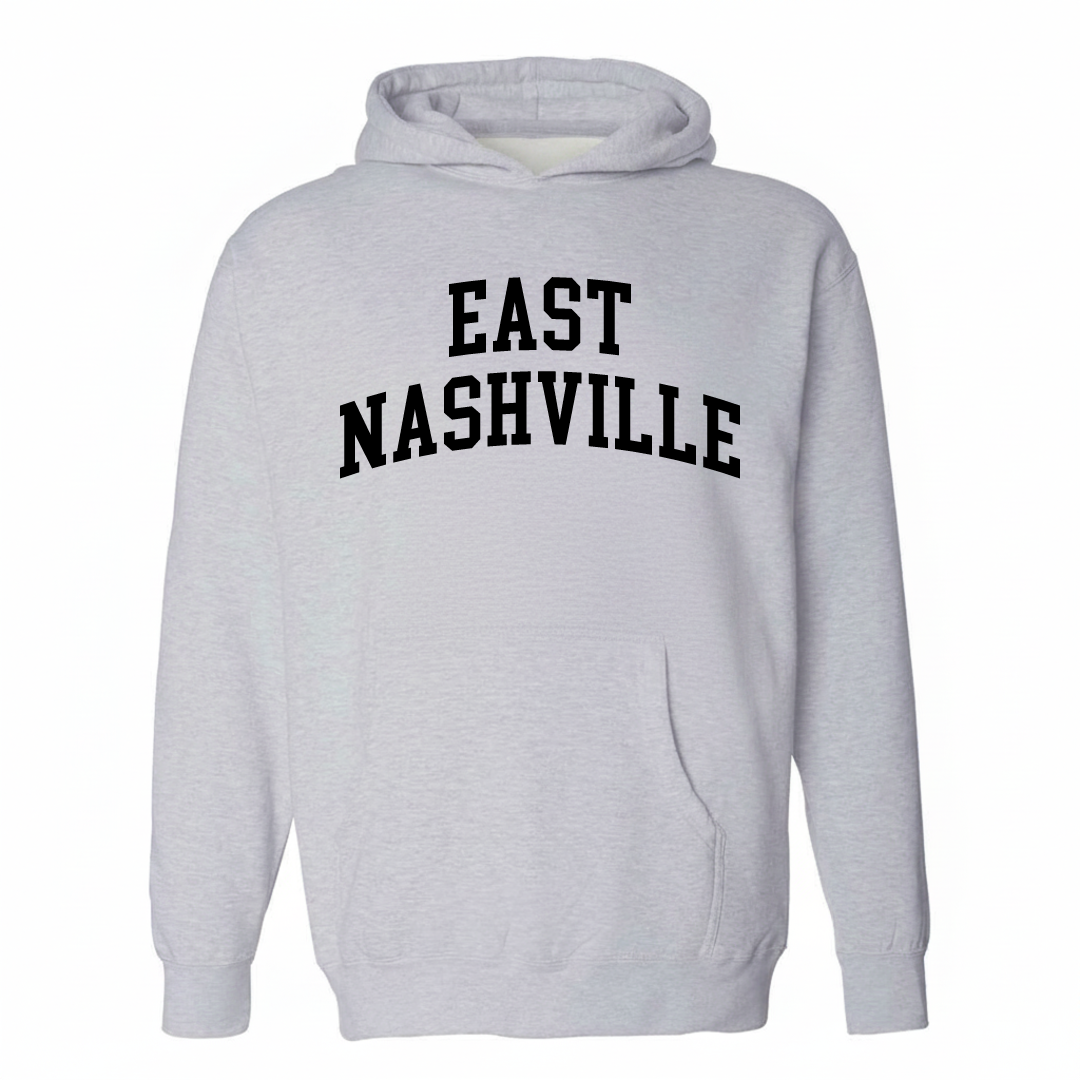 Heather-gray hoodie with the East Nashville varsity arched lettering design on the chest.