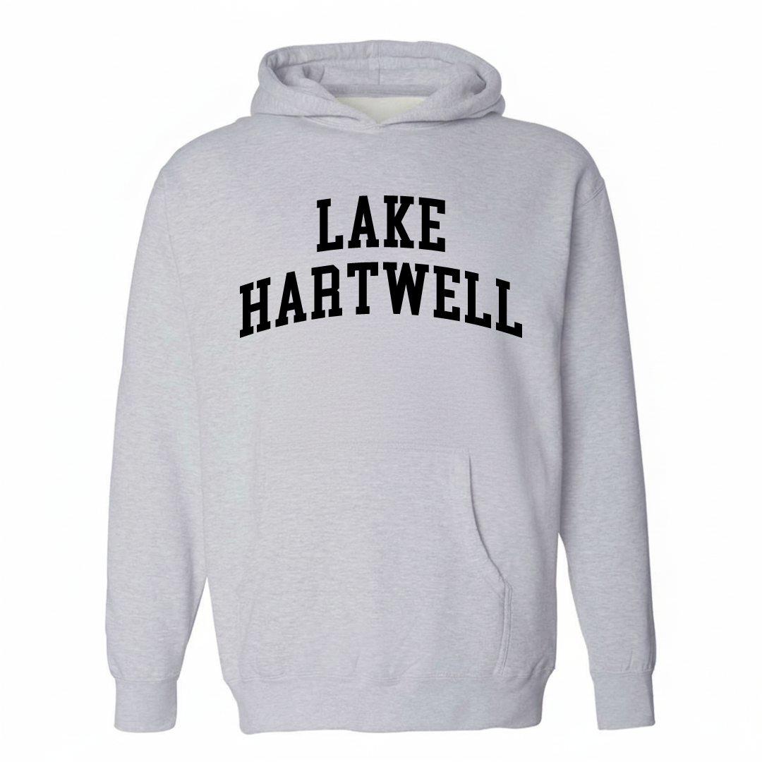 Heather-gray hoodie with Lake Hartwell varsity arched lettering design on the chest.