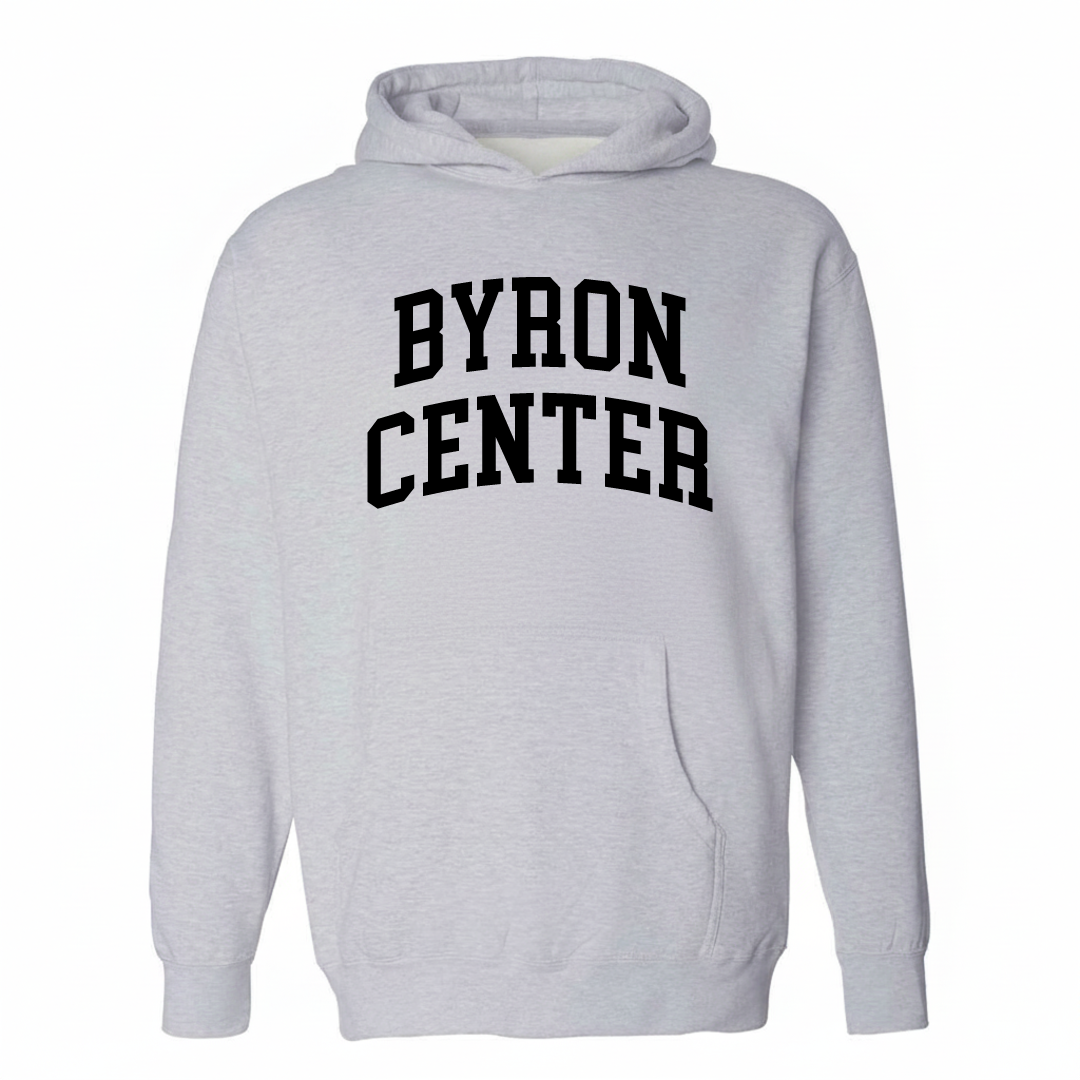 Heather-gray hoodie with the Byron Center varsity arched lettering design on the chest.