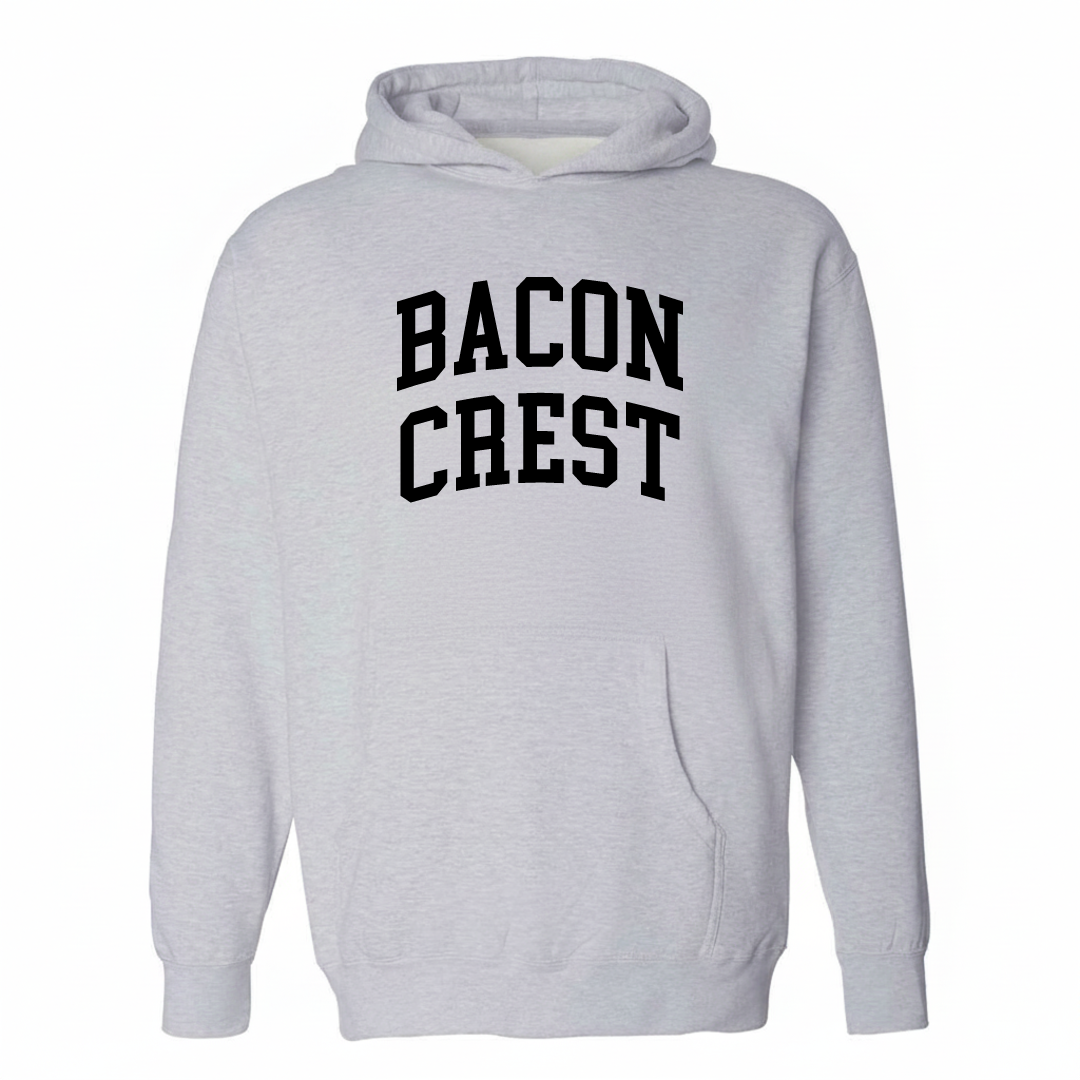 Heather-gray hoodie with the Bacon Crest varsity arched lettering design on the chest.