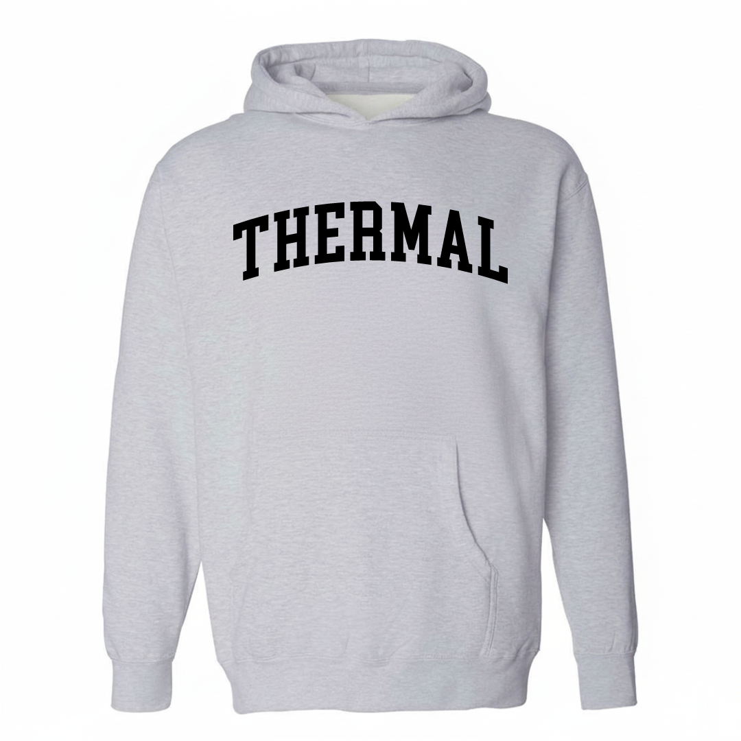 Heather-gray hoodie with the Thermal arched lettering varsity-collegiate design on the chest.
