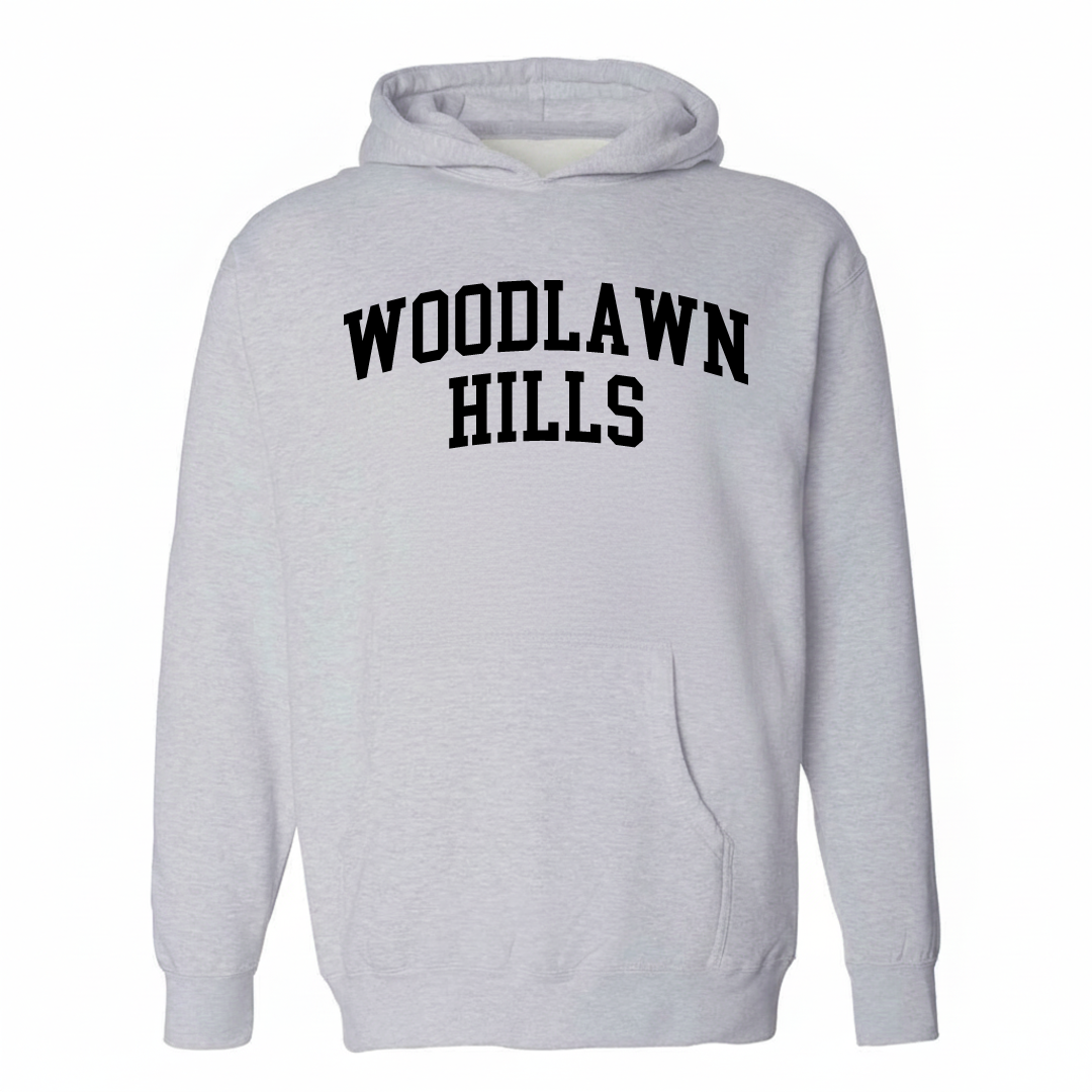 Heather-gray hoodie with the Woodlawn Hills varsity arched lettering design on the chest.