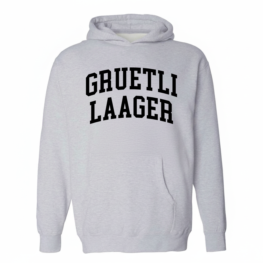 Heather-gray hoodie with the Gruetli-Laager varsity arched lettering design on the chest.