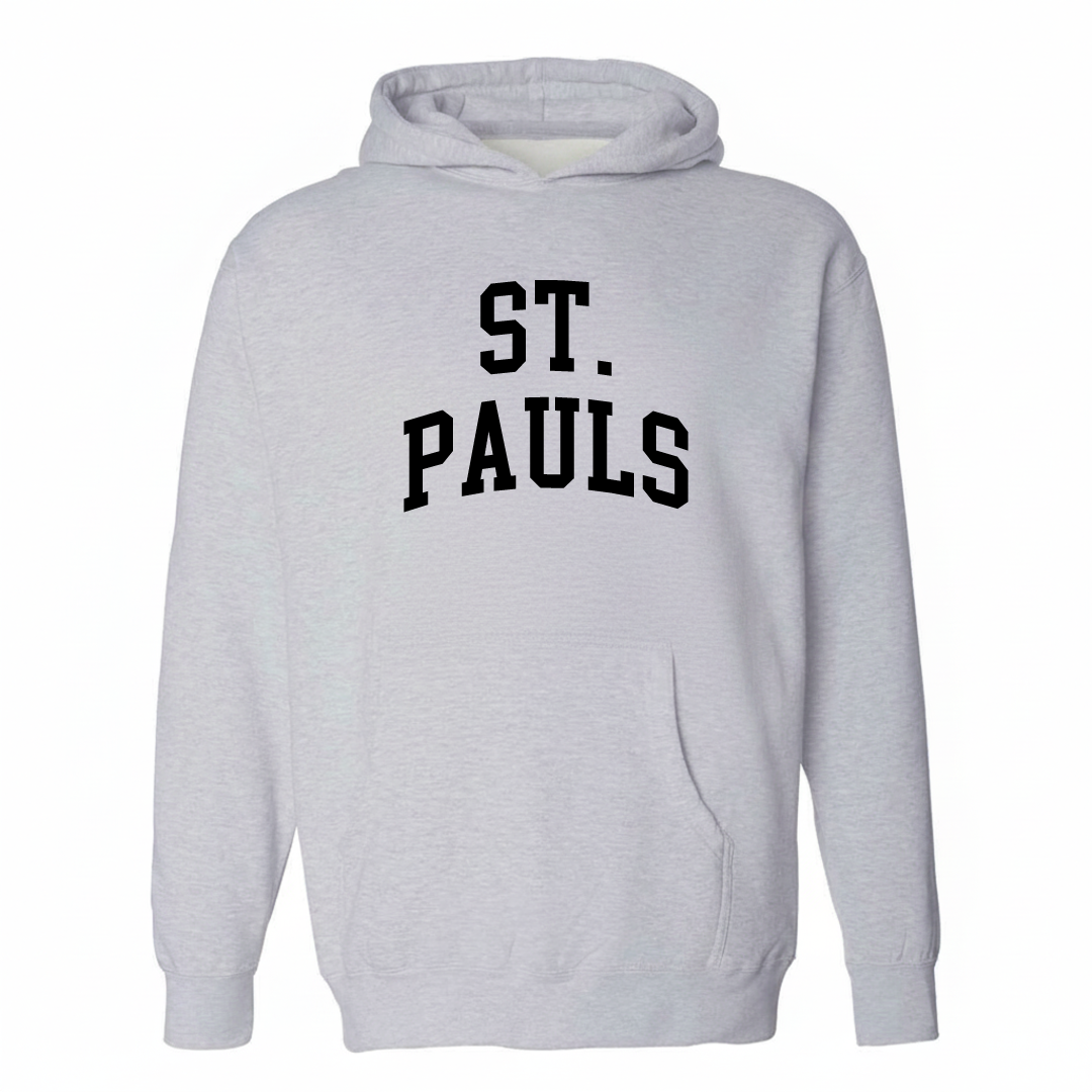 Heather-gray hoodie with the St. Pauls arched varsity lettering design on the chest.