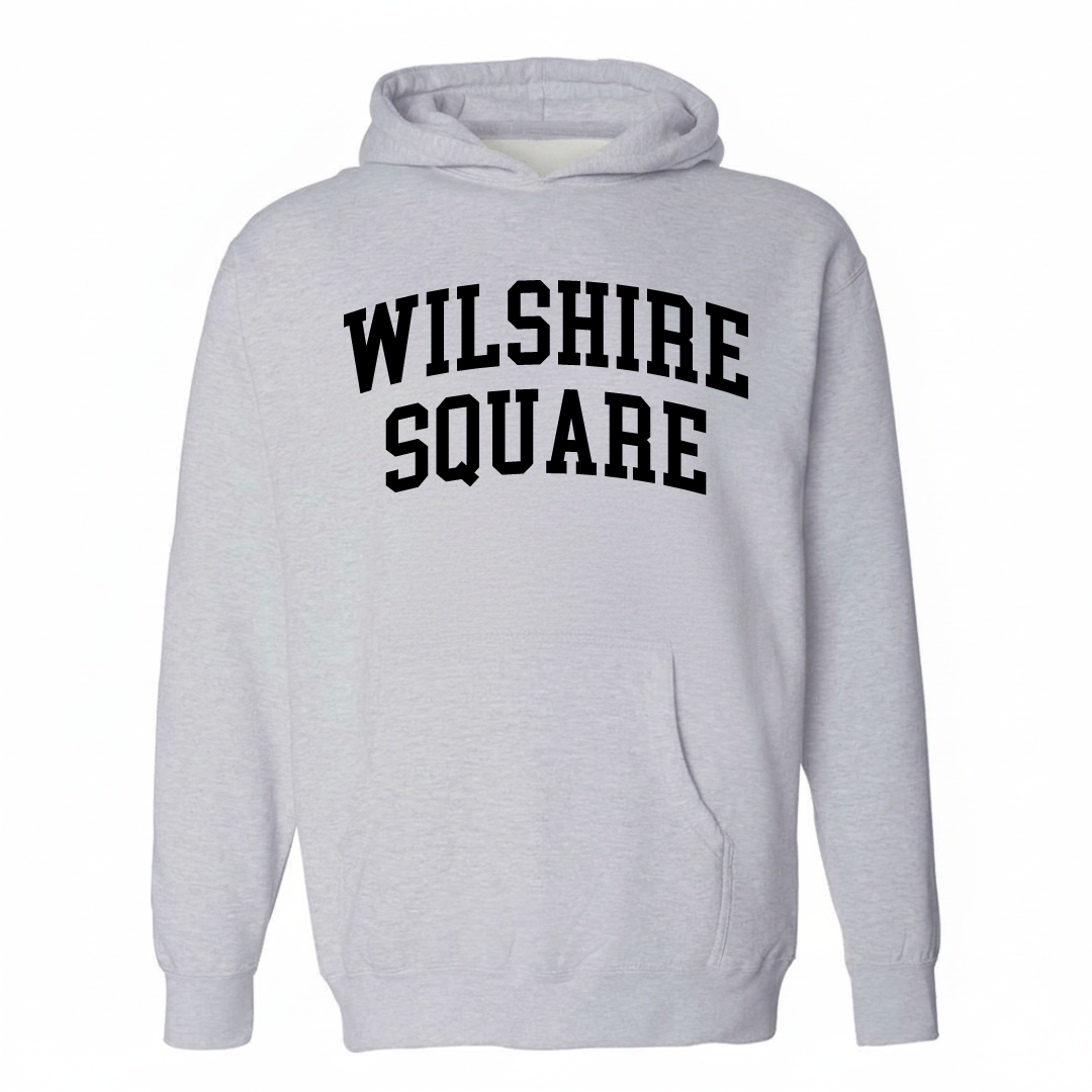Heather-gray hoodie with the Wilshire Square arched lettering design on the chest.