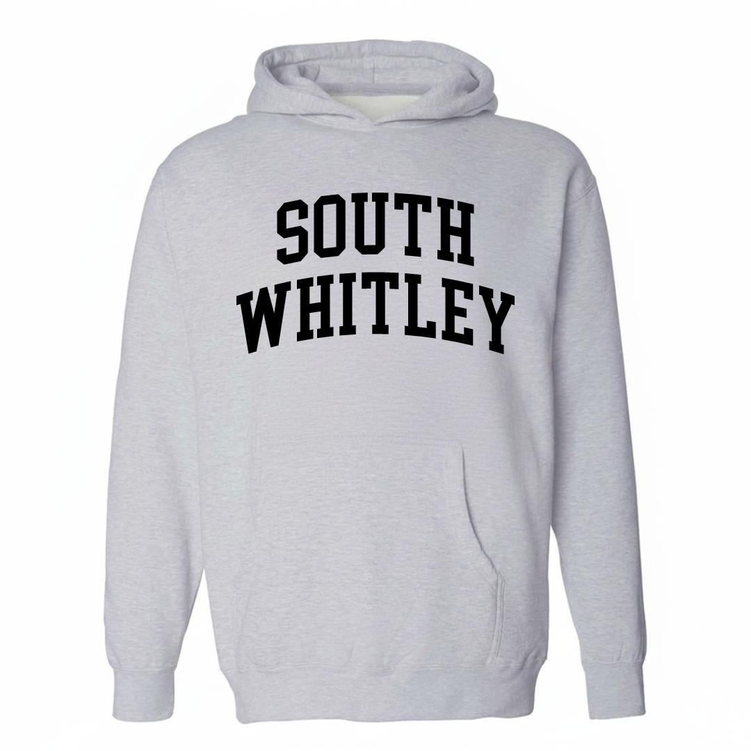 Heather-gray hoodie with the South Whitley varsity arched lettering design on the chest.