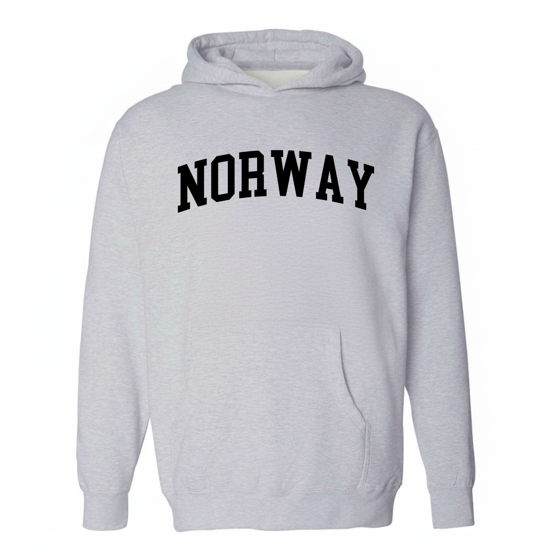 Heather-gray hoodie with the Norway, Maine arched varsity lettering design on the chest.