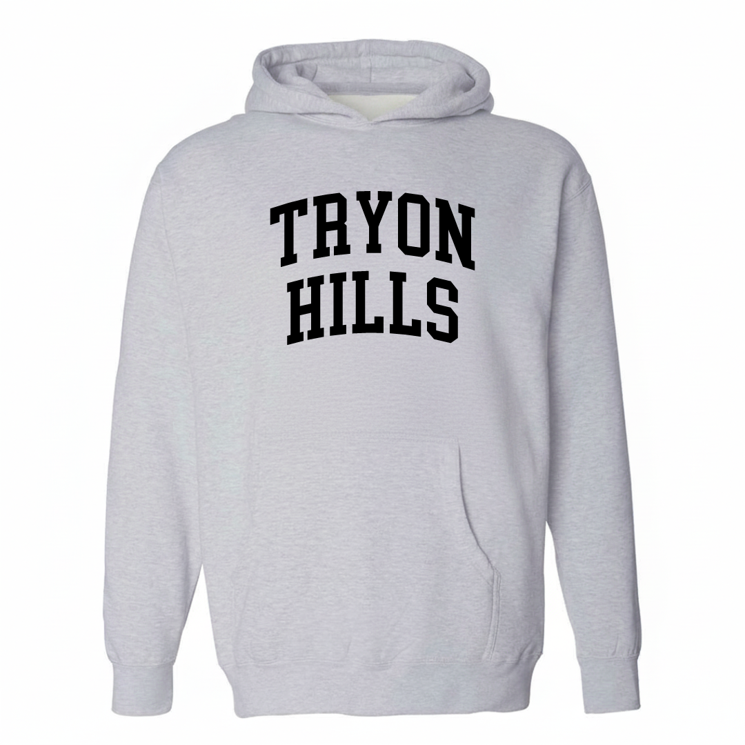 Heather-gray hoodie with the Tryon Hills varsity arched lettering design on the chest.