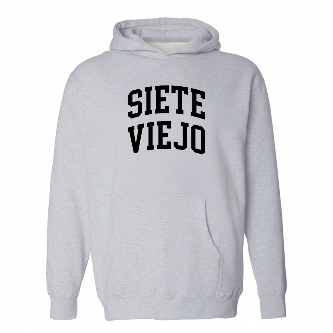 Heather-gray hoodie with the Siete Viejo arched lettering design on the chest.
