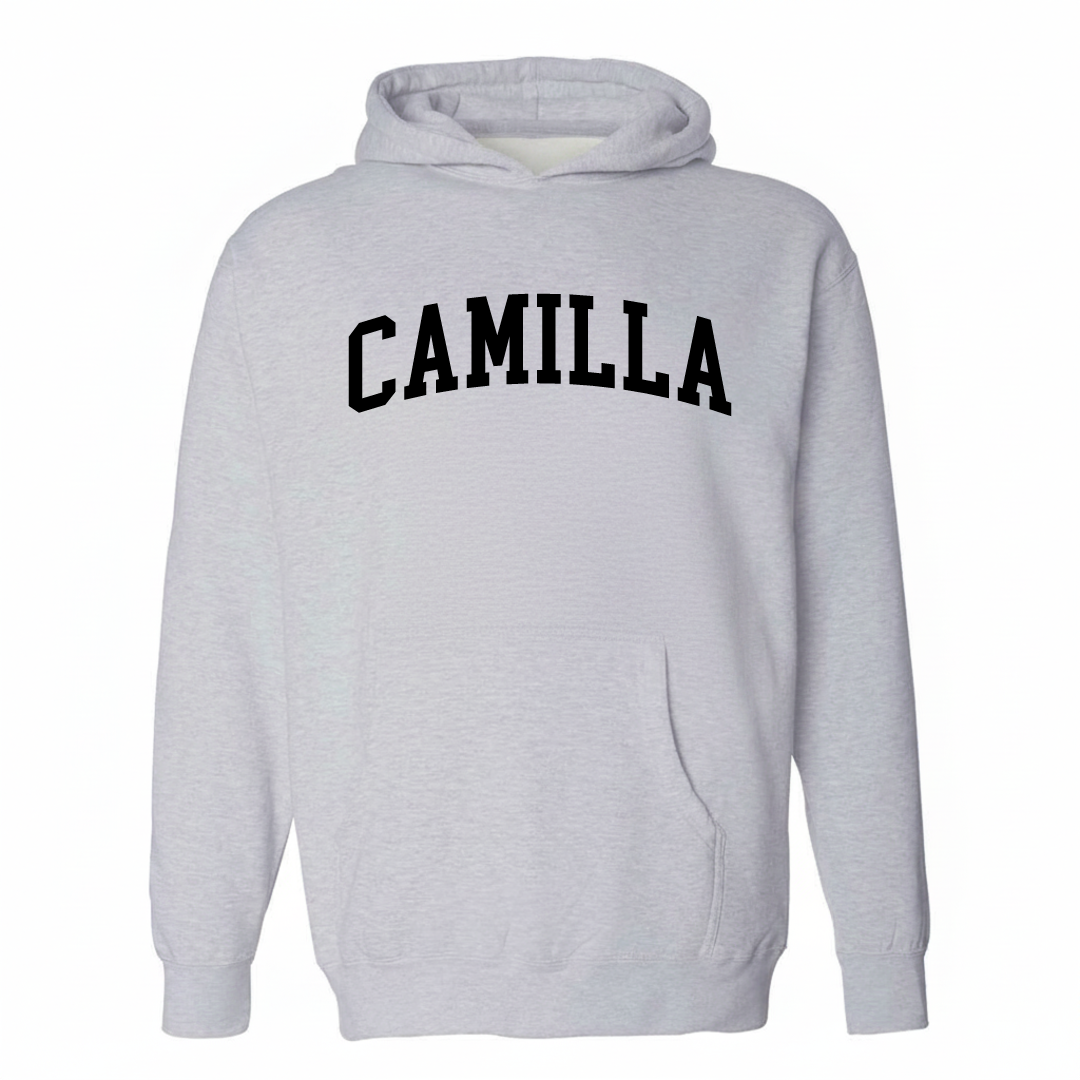 Heather-gray hoodie with the Camilla varsity arched lettering design on the chest.