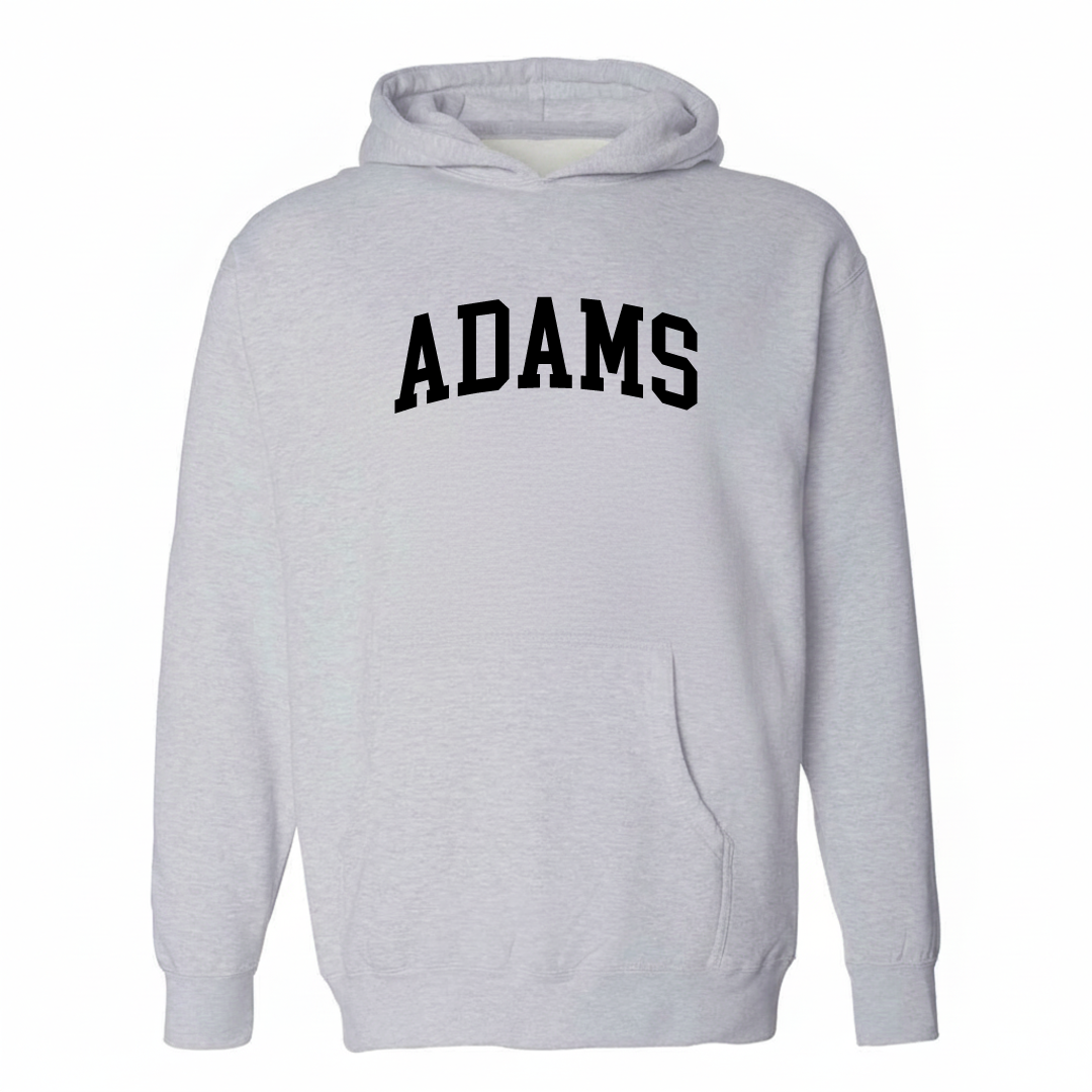 Heather-gray hoodie with the Adams arched lettering varsity-collegiate design on the chest.