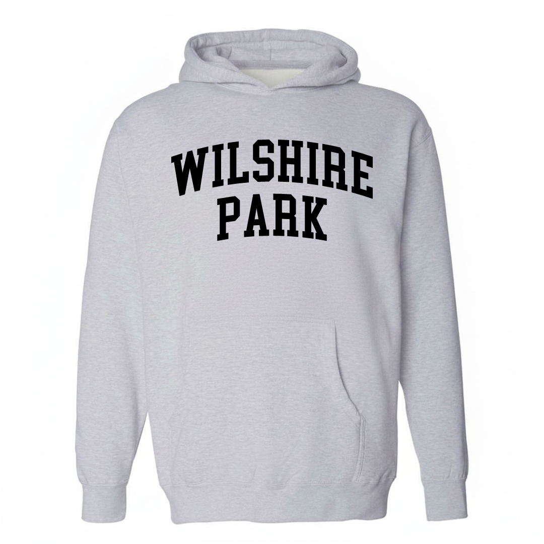 Heather-gray hoodie with the Wilshire Park varsity arched lettering design on the chest.