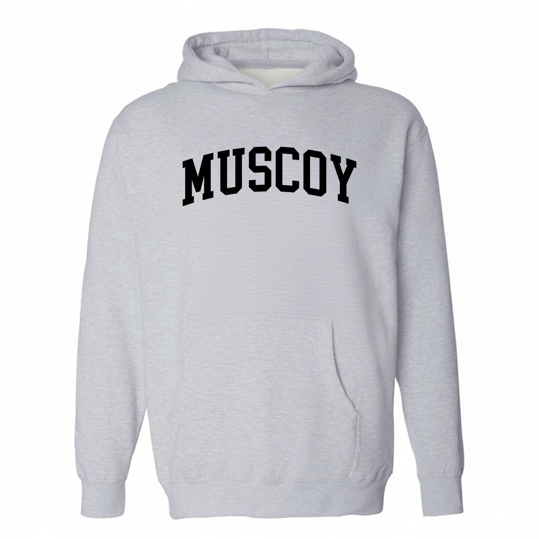 Heather-gray hoodie with the Muscoy varsity arched lettering design on the chest.