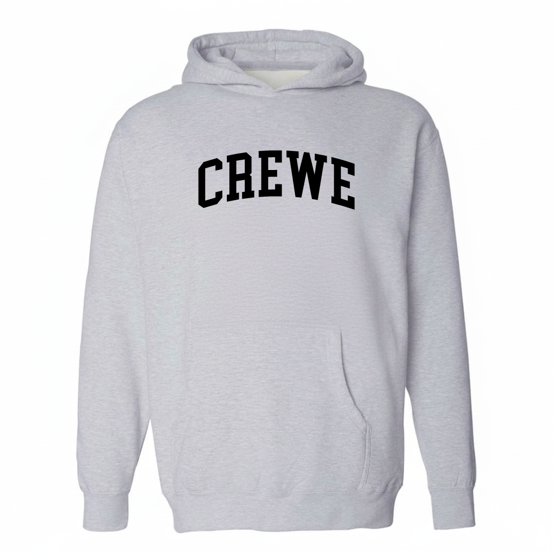 Heather-gray hoodie with the Crewe varsity arched lettering design on the chest.