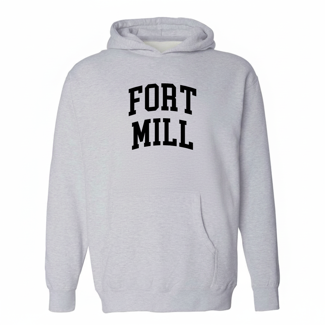 Heather-gray hoodie with the Fort Mill arched lettering varsity-collegiate design on the chest.