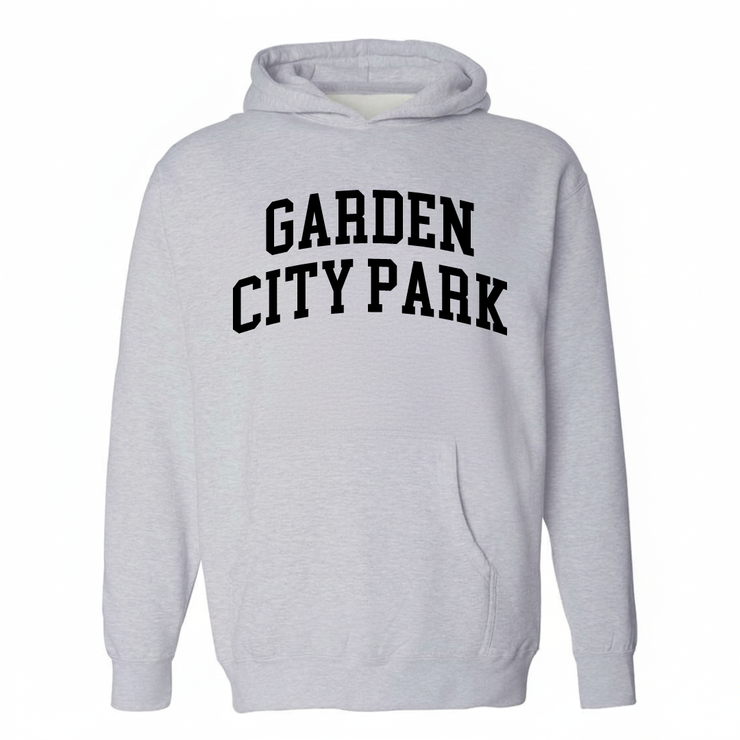 Heather-gray hoodie with the Garden City Park arched varsity lettering design on the chest.