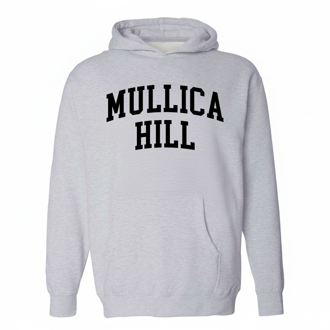 Heather-gray hoodie with the Mullica Hill varsity arched lettering design on the chest.