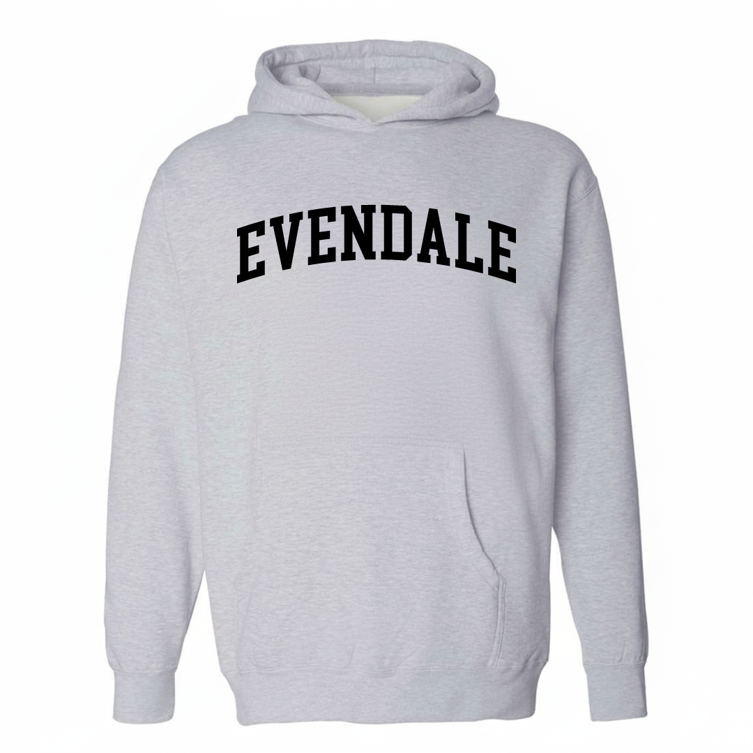 Heather-gray hoodie with the Evendale varsity arched lettering design on the chest.