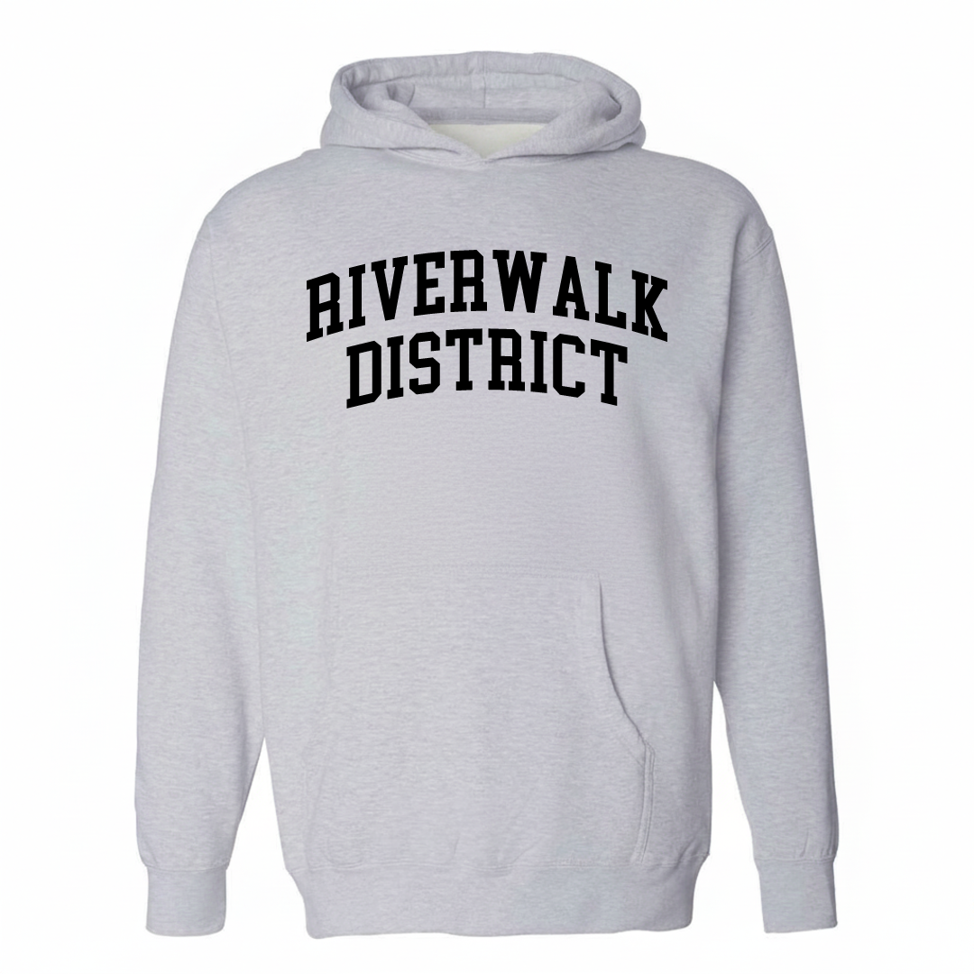 Heather-gray hoodie with the Riverwalk District arched varsity lettering design on the chest.